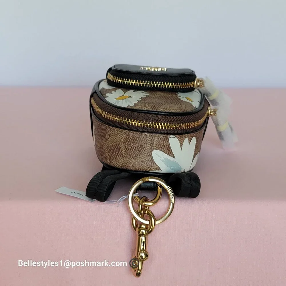 COACH Mini Court Backpack Bag Charm In Signature Canvas With Floral Print-Tan🎈⭐ - Picture 12 of 16